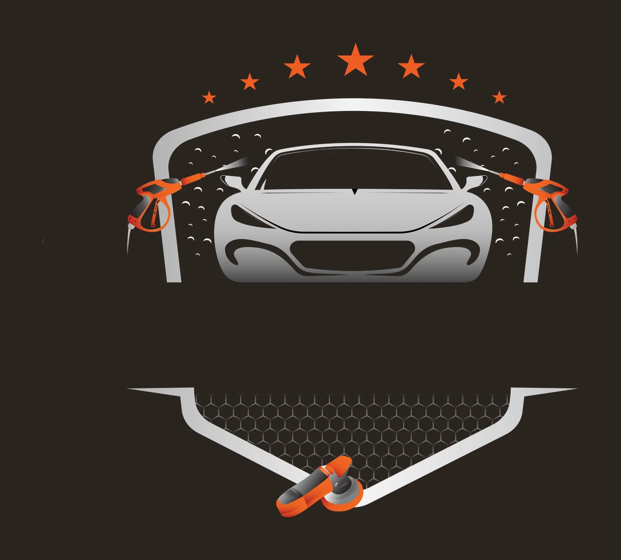 Car wash service logo Illustration with silver car front view, two orange pressure washers, five orange stars and bubbles in gray and black contrast preview thumbnail