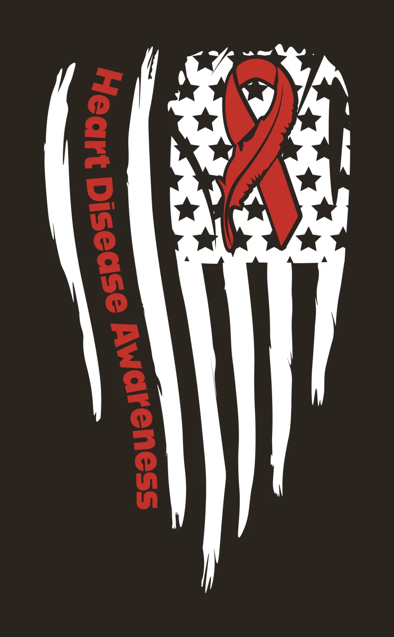 Heart Disease Awareness Heart disease awareness ribbon Design with red ribbon with feather detail and vertical red text 'Heart Disease Awareness' contrast preview thumbnail