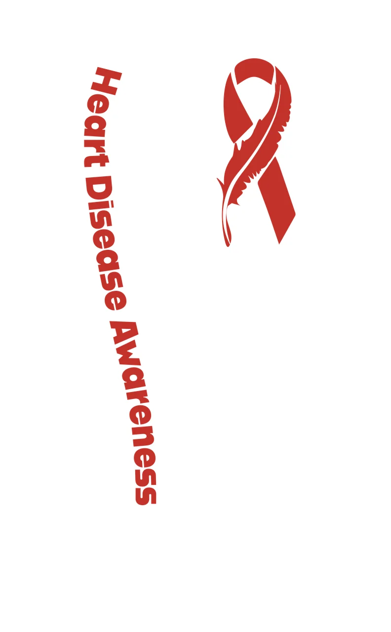 Heart Disease Awareness Heart disease awareness ribbon Design with red ribbon with feather detail and vertical red text 'Heart Disease Awareness'