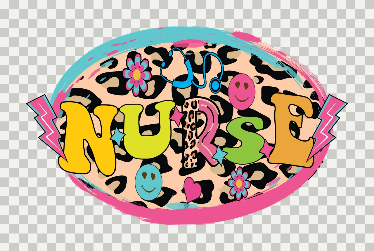 NURSE Typography Design with leopard print background, stethoscope, smiley face and flower in pink, yellow and lime green transparency and detail preview thumbnail