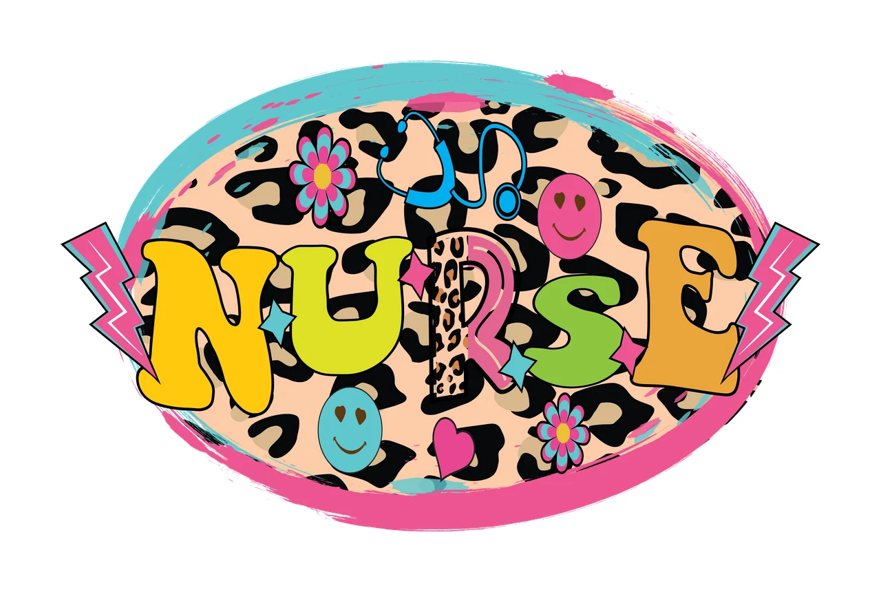 NURSE Typography Design with leopard print background, stethoscope, smiley face and flower in pink, yellow and lime green