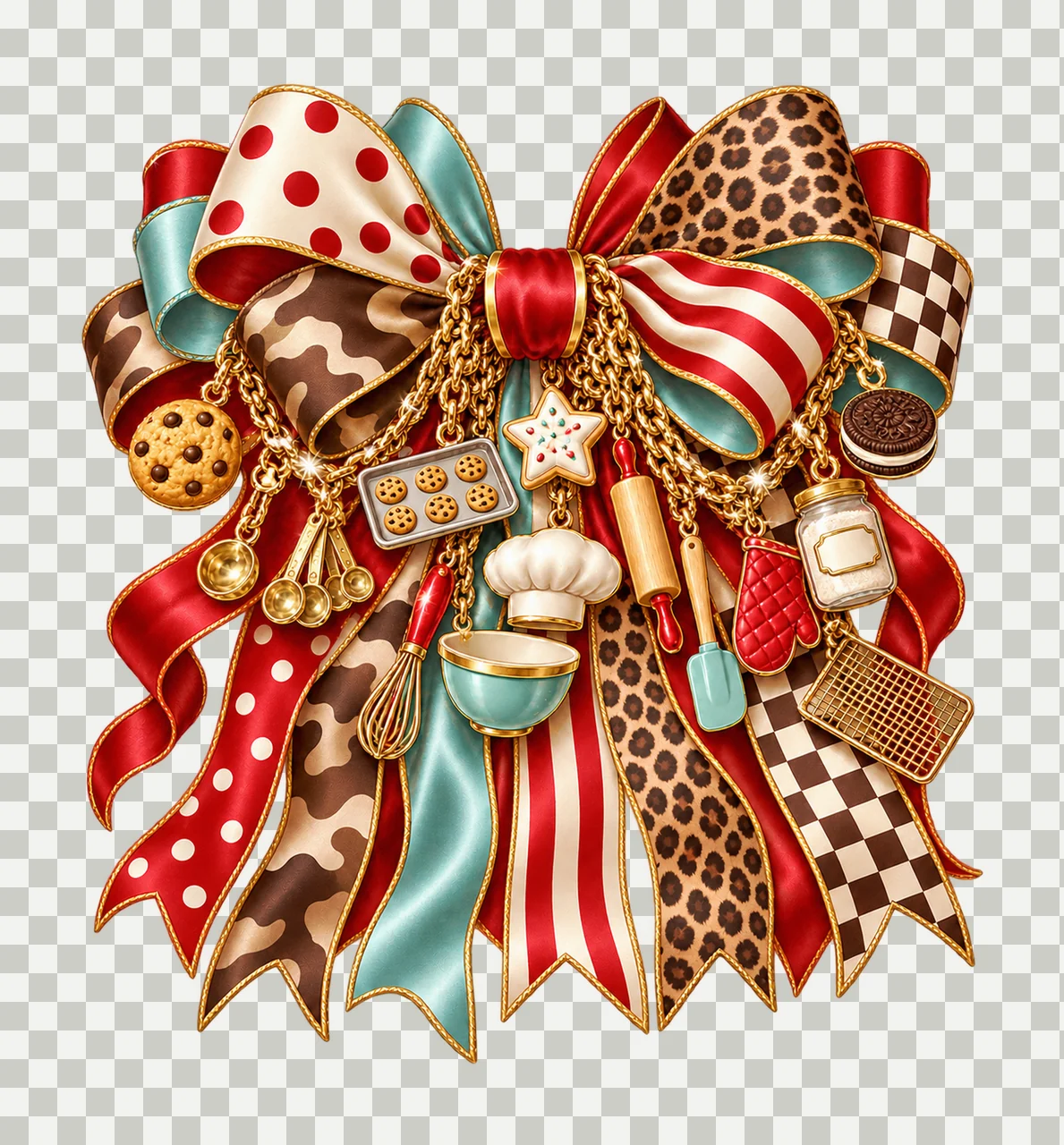 Cookie Baker Bow Charm PNG, Cookies Rolling Pin Whisk and Baking Tool Charms, Bakery Sublimation Design, Transparent Digital Download transparency and detail preview thumbnail