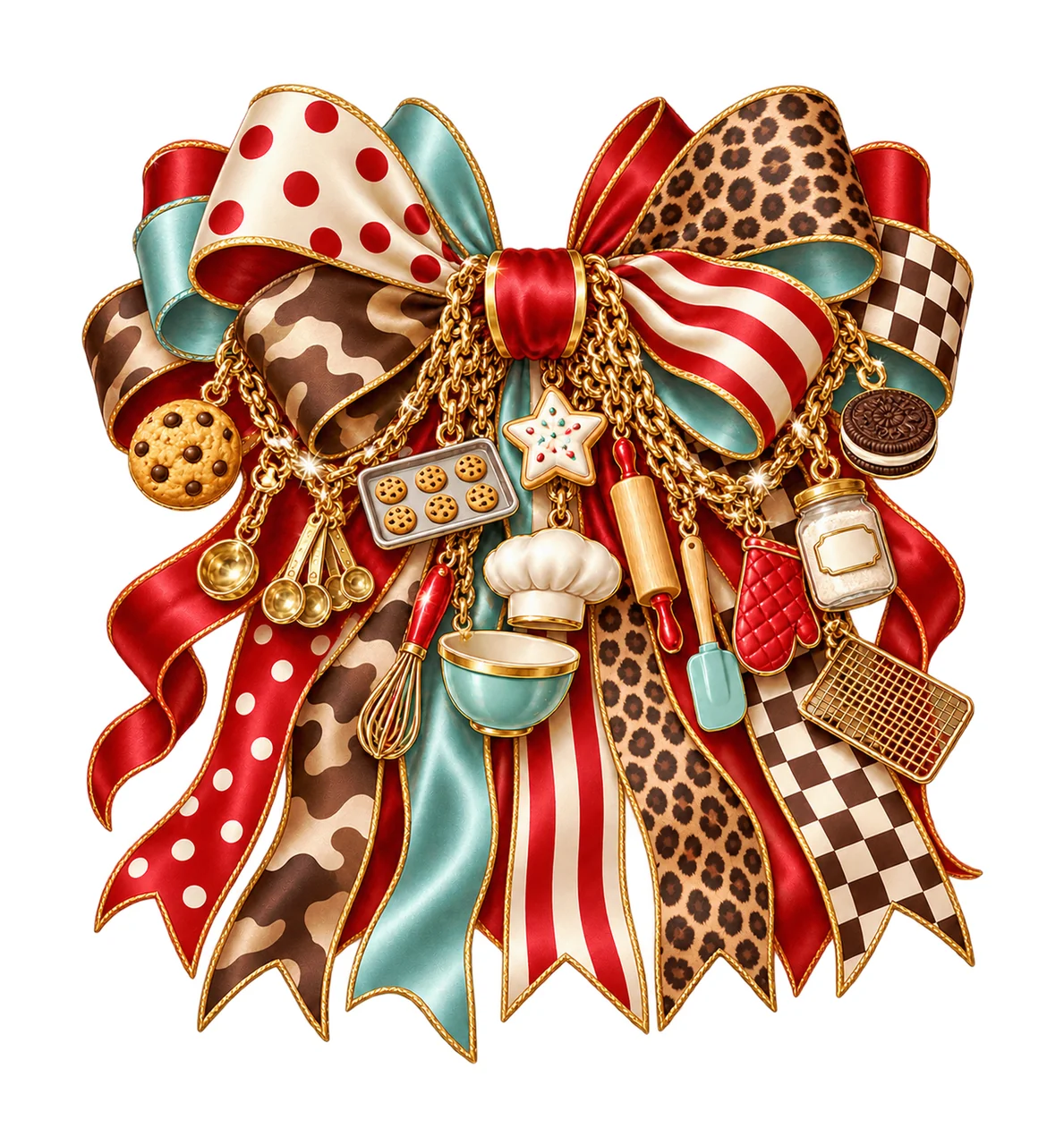 Cookie Baker Bow Charm PNG, Cookies Rolling Pin Whisk and Baking Tool Charms, Bakery Sublimation Design, Transparent Digital Download