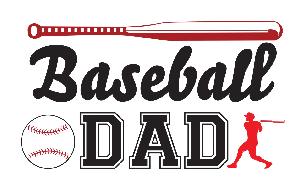Baseball DAD Typography Design with red bat, baseball with red stitching, black cursive 'Baseball' and black block 'DAD' with white outline