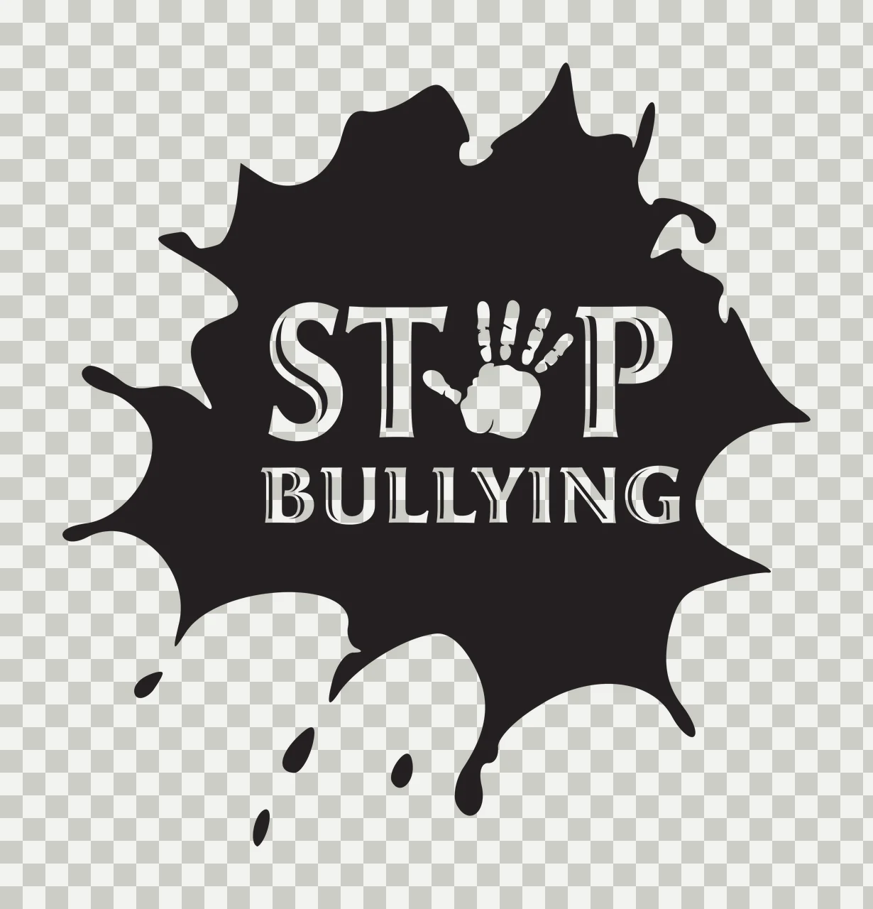 STOP BULLYING Typography Design with black ink splatter, handprint icon, serif text and dripping ink droplets in white transparency and detail preview thumbnail