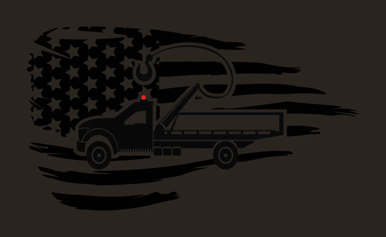 Tow truck with hook, distressed flag in black, white silhouette Style contrast preview thumbnail