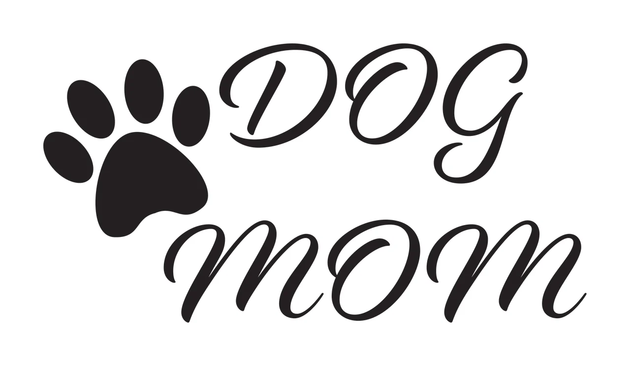DOG mom Typography Design with paw print, script text and calligraphy lettering in black and white