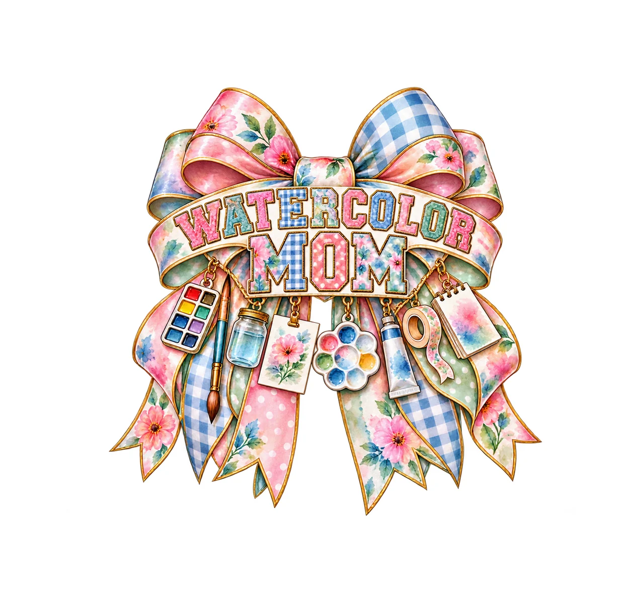 Watercolor Mom Bow Charm PNG, Patterned Varsity Mom Ribbon Clipart, Transparent Sublimation Digital Download