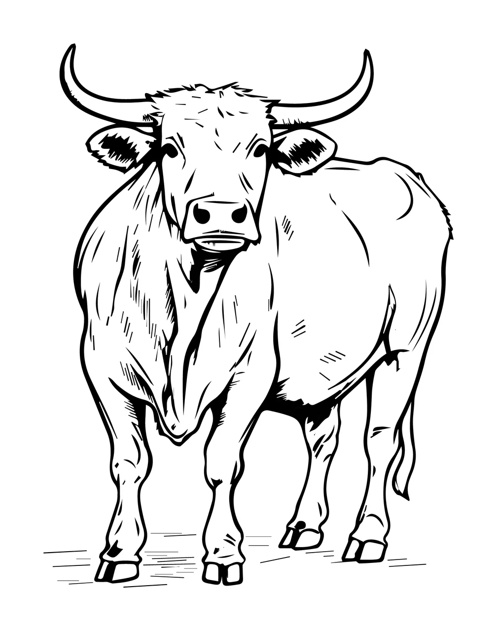 Cow Horned Black And White Illustration standing horns hooves
