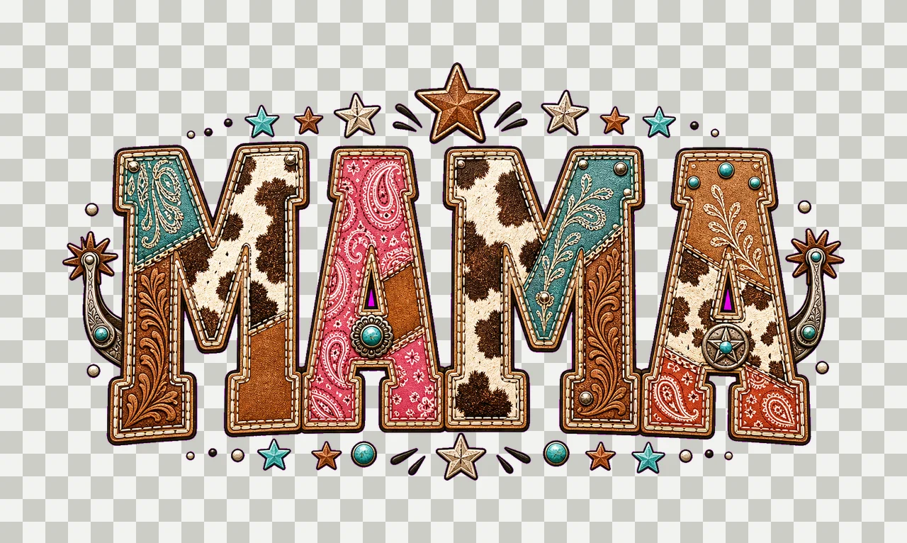 Western Mama Style Patterned Text lettering cow print transparency and detail preview thumbnail
