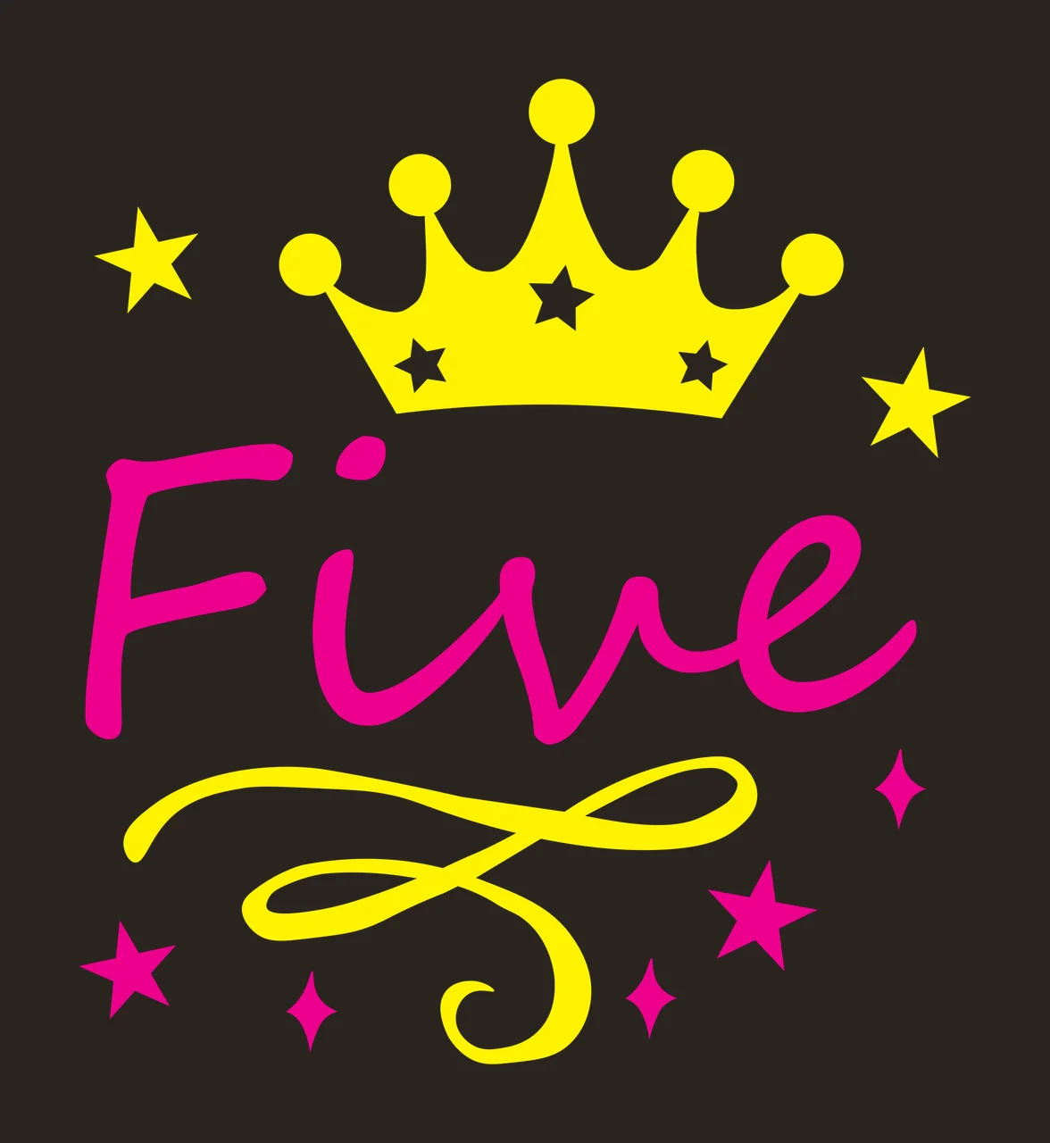 Five Fifth birthday Design with pink cursive text, yellow crown and white stars contrast preview thumbnail
