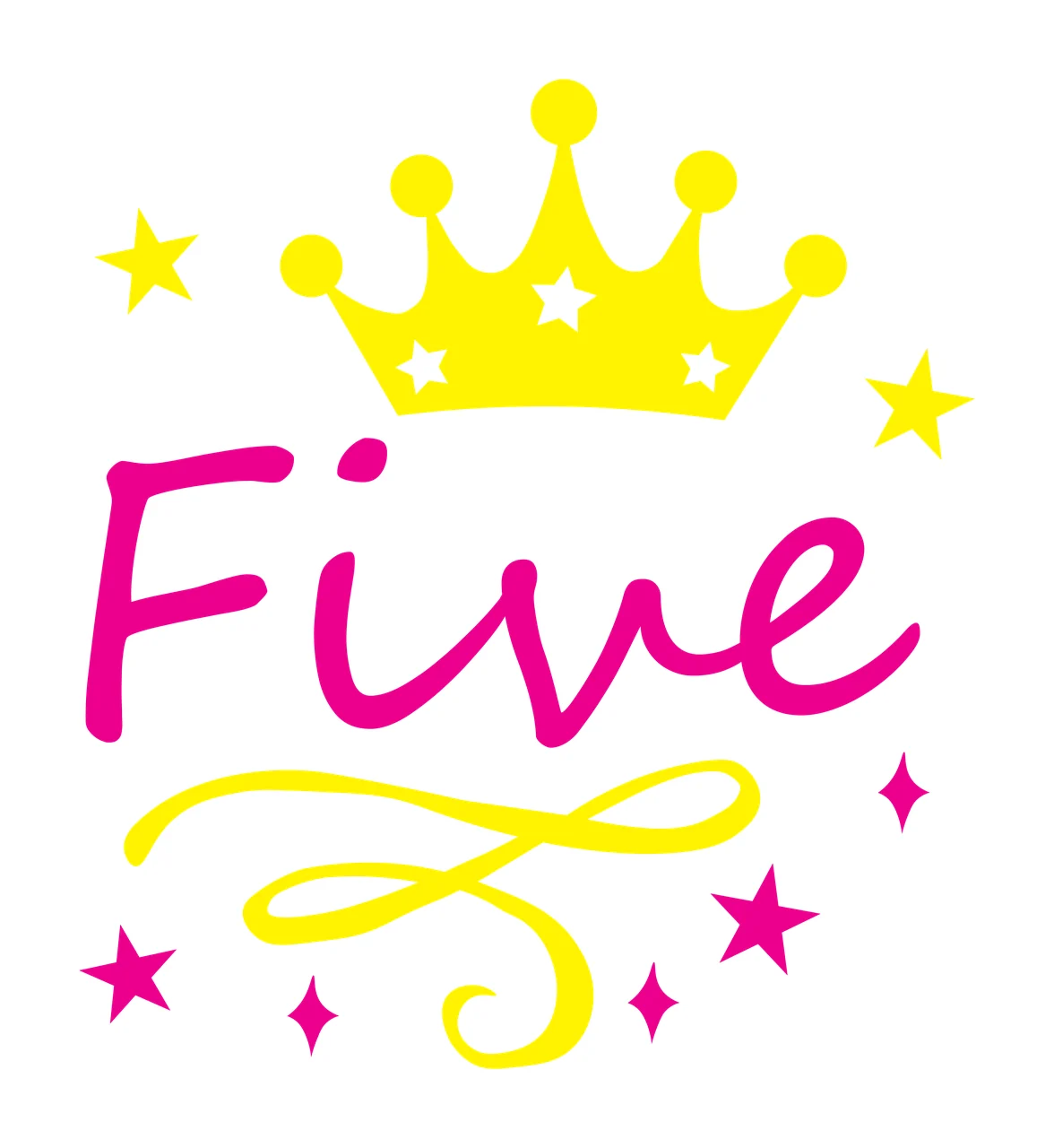 Five Fifth birthday Design with pink cursive text, yellow crown and white stars