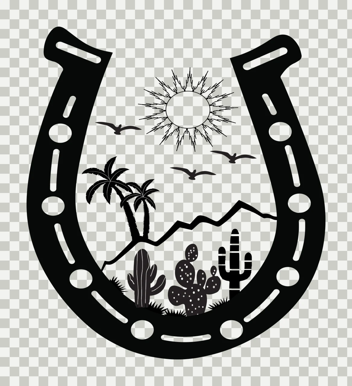 Silhouette Design of horseshoe framing a desert landscape with cactus, palm trees, mountains and sun in black and white transparency and detail preview thumbnail