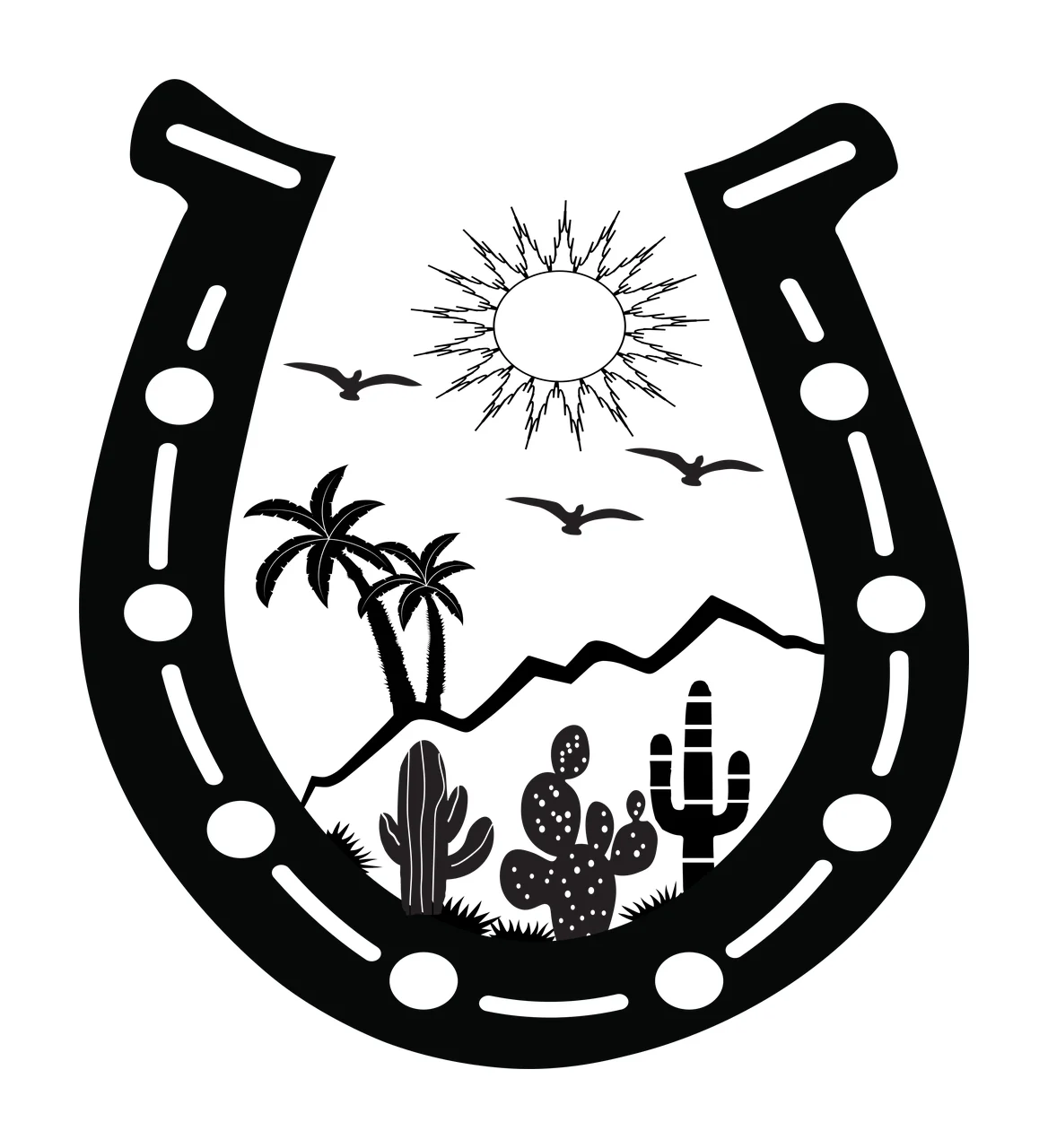 Silhouette Design of horseshoe framing a desert landscape with cactus, palm trees, mountains and sun in black and white