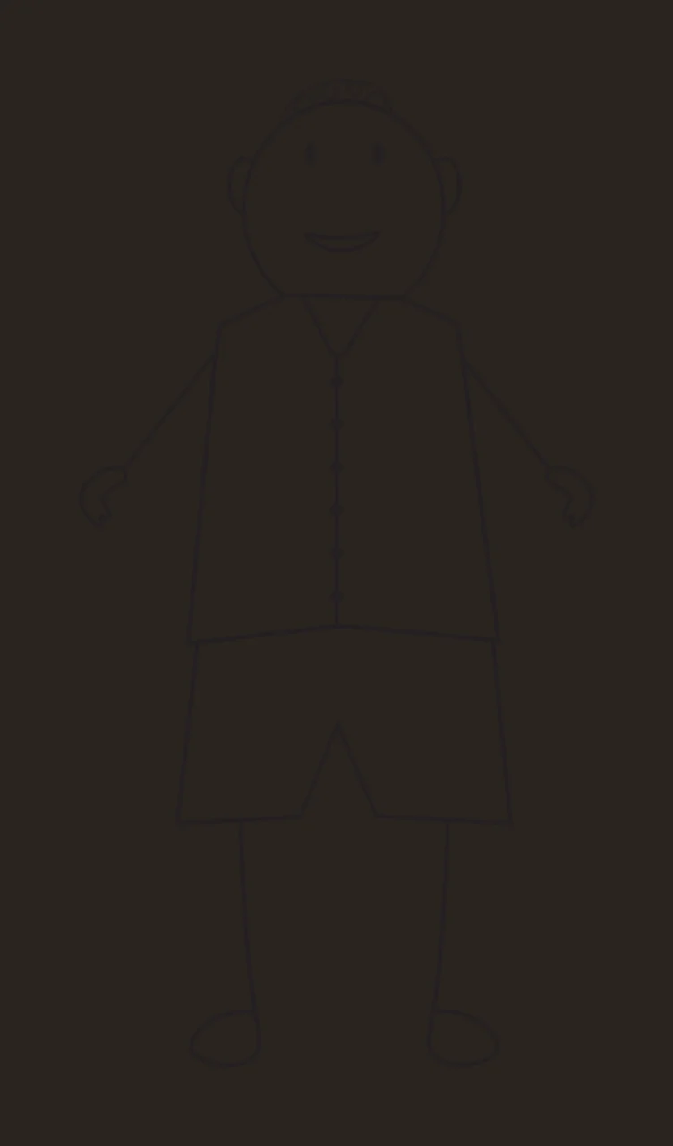 Line Art Illustration of stick figure person with vest, shorts, buttons and smiling face in black and white contrast preview thumbnail