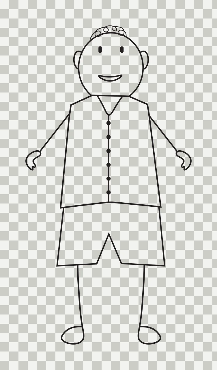 Line Art Illustration of stick figure person with vest, shorts, buttons and smiling face in black and white transparency and detail preview thumbnail