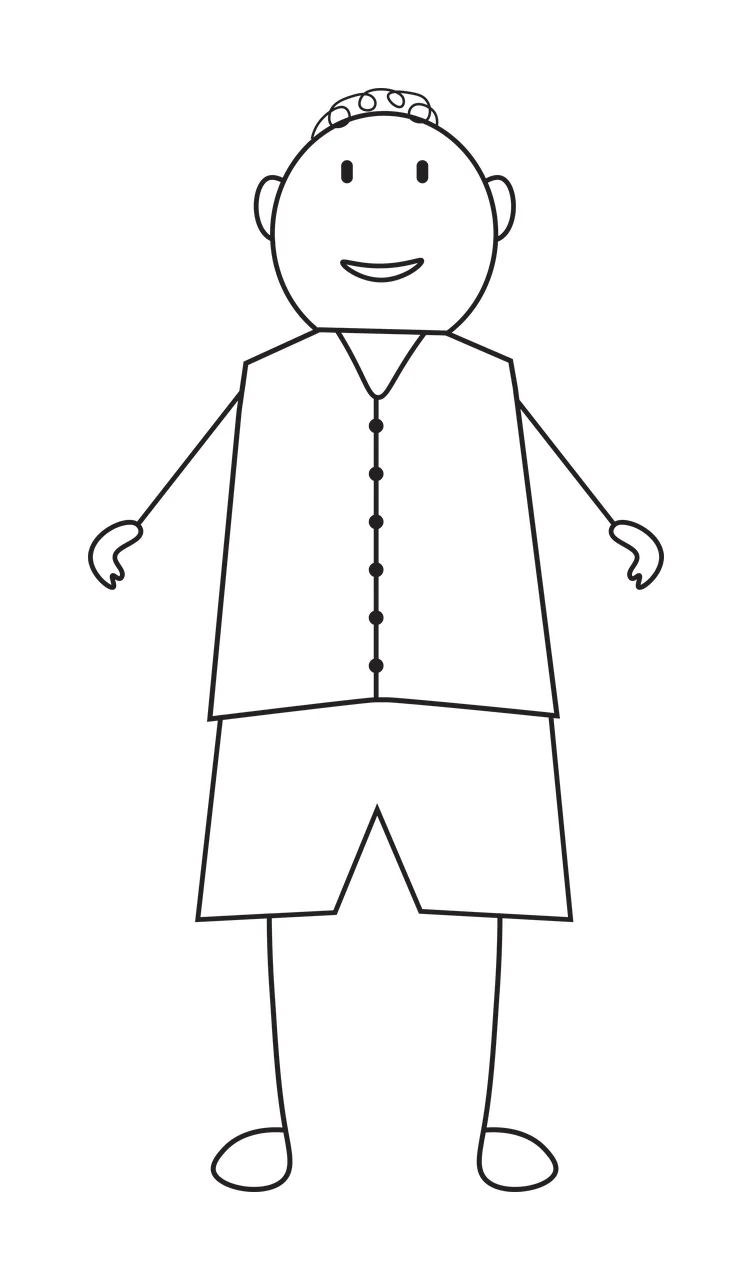 Line Art Illustration of stick figure person with vest, shorts, buttons and smiling face in black and white