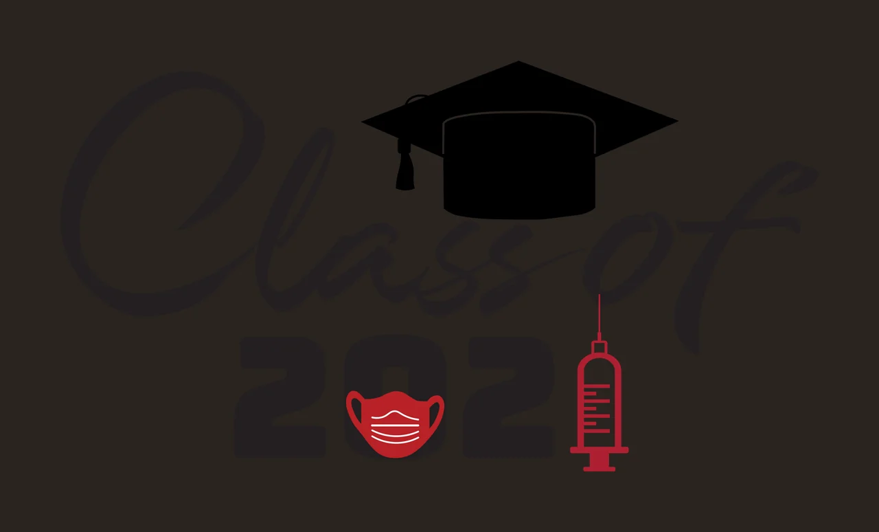Class of 2021 Graduation commemorative design with black graduation cap, black cursive 'Class of', black '202' and red face mask contrast preview thumbnail