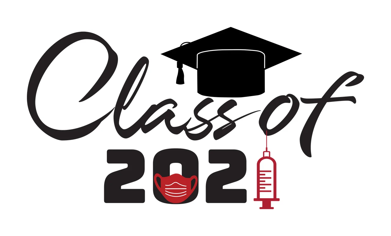 Class of 2021 Graduation commemorative design with black graduation cap, black cursive 'Class of', black '202' and red face mask