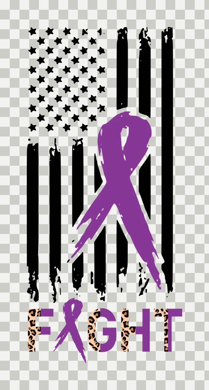FIGHT Awareness Typography Design with purple awareness ribbon, black and white grunge American flag, leopard-print letters and letter 'F' with leopard print transparency and detail preview thumbnail