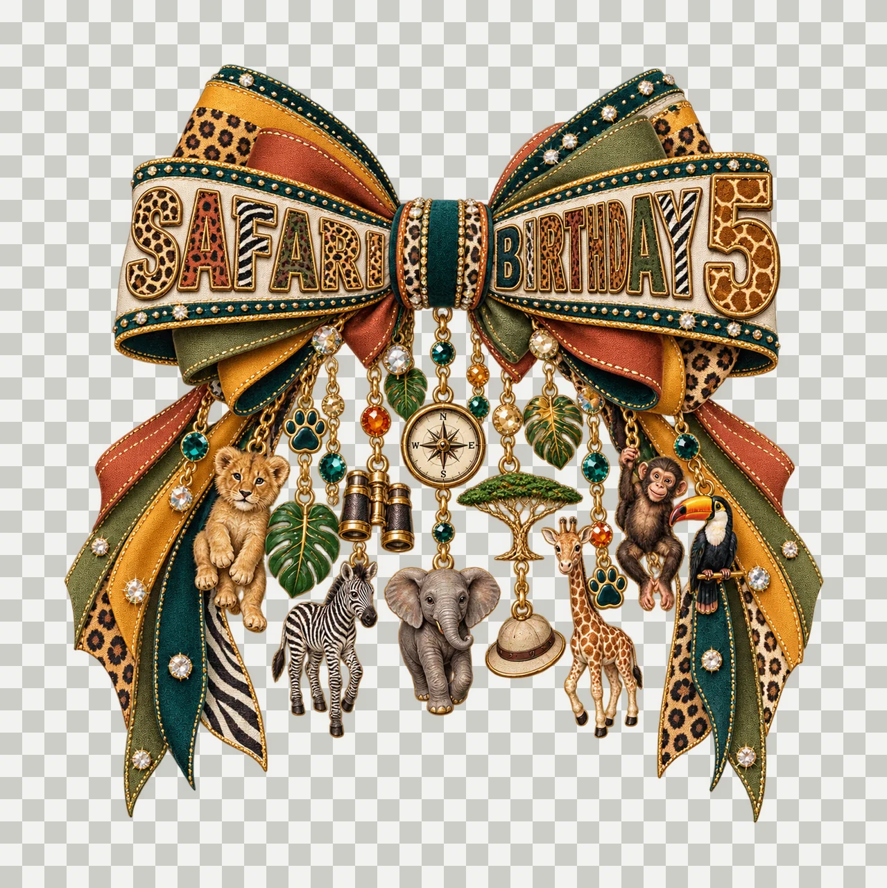 Safari Birthday 5 Bow Charm PNG, Jungle Animal Birthday Clipart, Transparent Sublimation Digital Download transparency and detail preview thumbnail