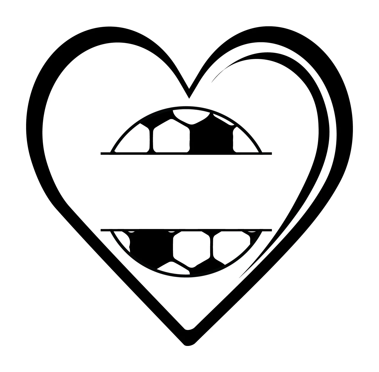 Soccer Split Ball Heart Frame containing outline black white