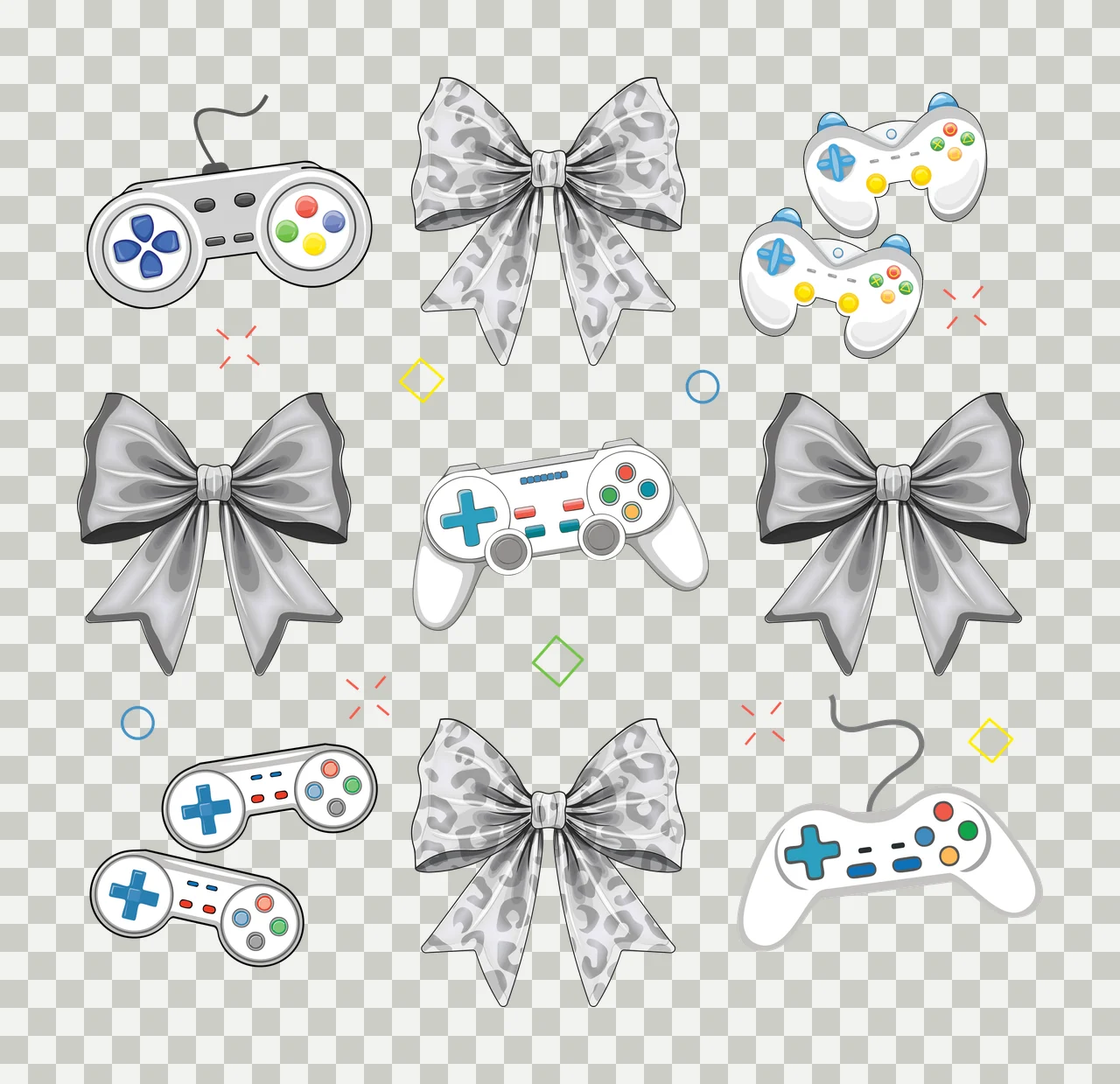 Assorted Black Silhouettes Of Bows And Game Controllers circles transparency and detail preview thumbnail