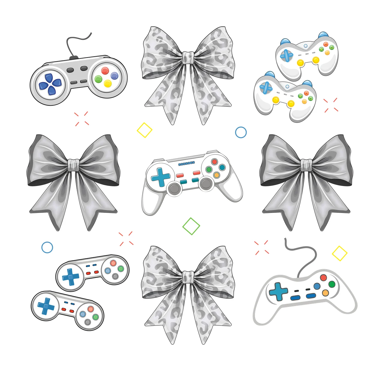 Assorted Black Silhouettes Of Bows And Game Controllers circles