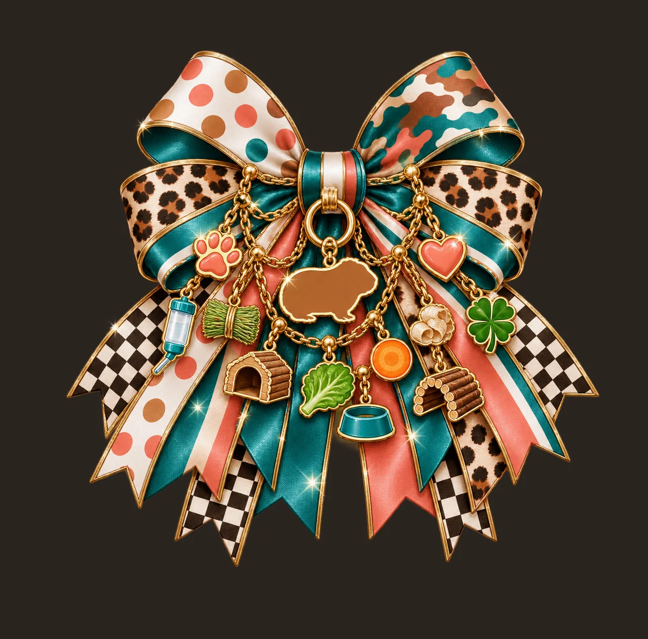 Guinea Pig Lover Bow Charm PNG, Themed Gold Chain Charms, Coquette Ribbon Sublimation Design, Transparent Digital Download contrast preview thumbnail