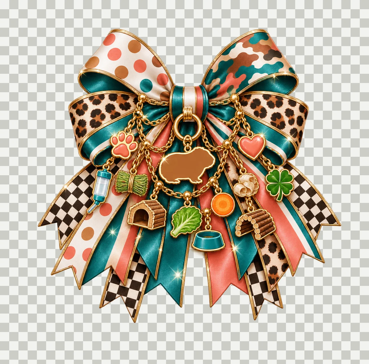 Guinea Pig Lover Bow Charm PNG, Themed Gold Chain Charms, Coquette Ribbon Sublimation Design, Transparent Digital Download transparency and detail preview thumbnail