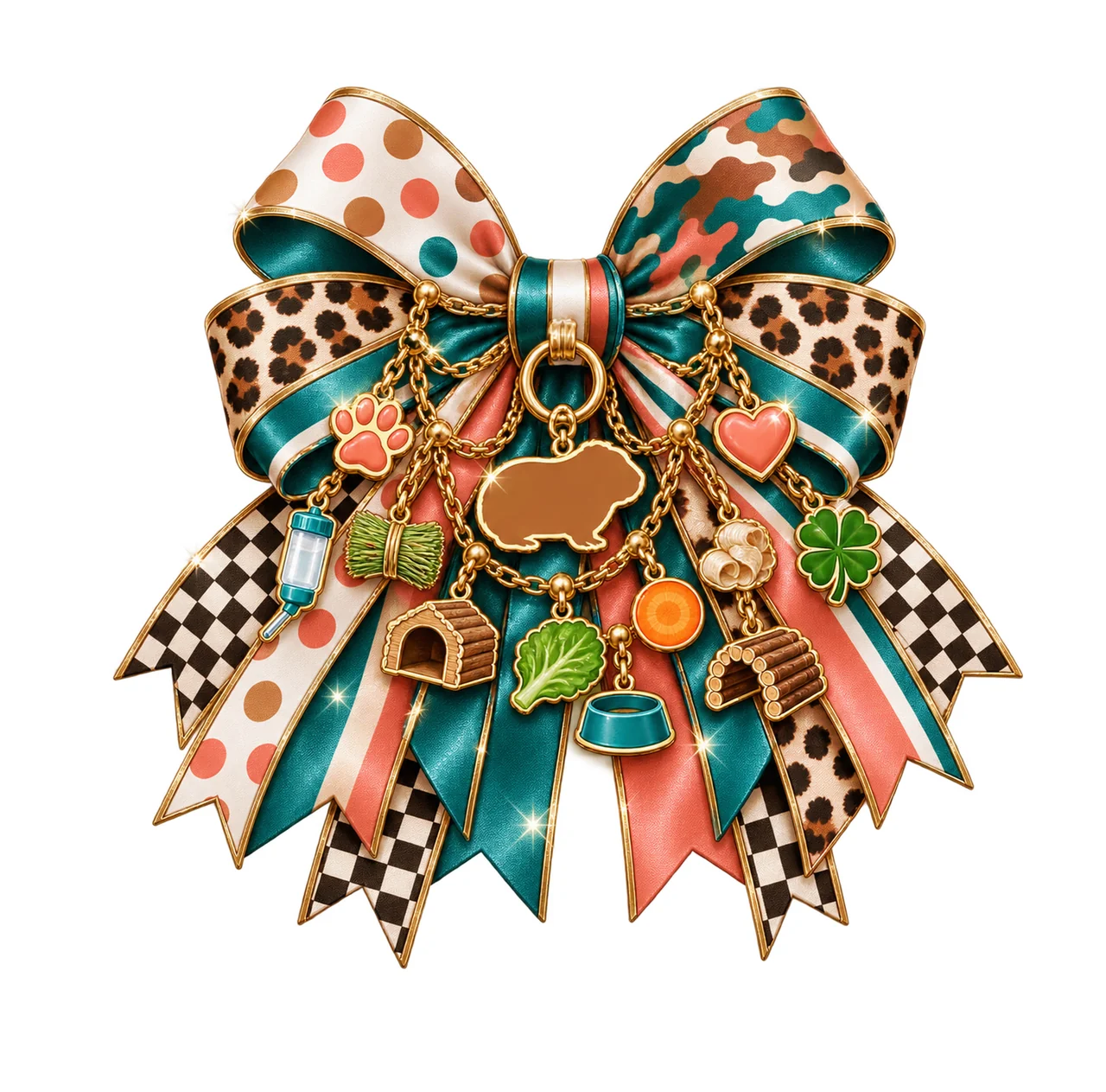 Guinea Pig Lover Bow Charm PNG, Themed Gold Chain Charms, Coquette Ribbon Sublimation Design, Transparent Digital Download