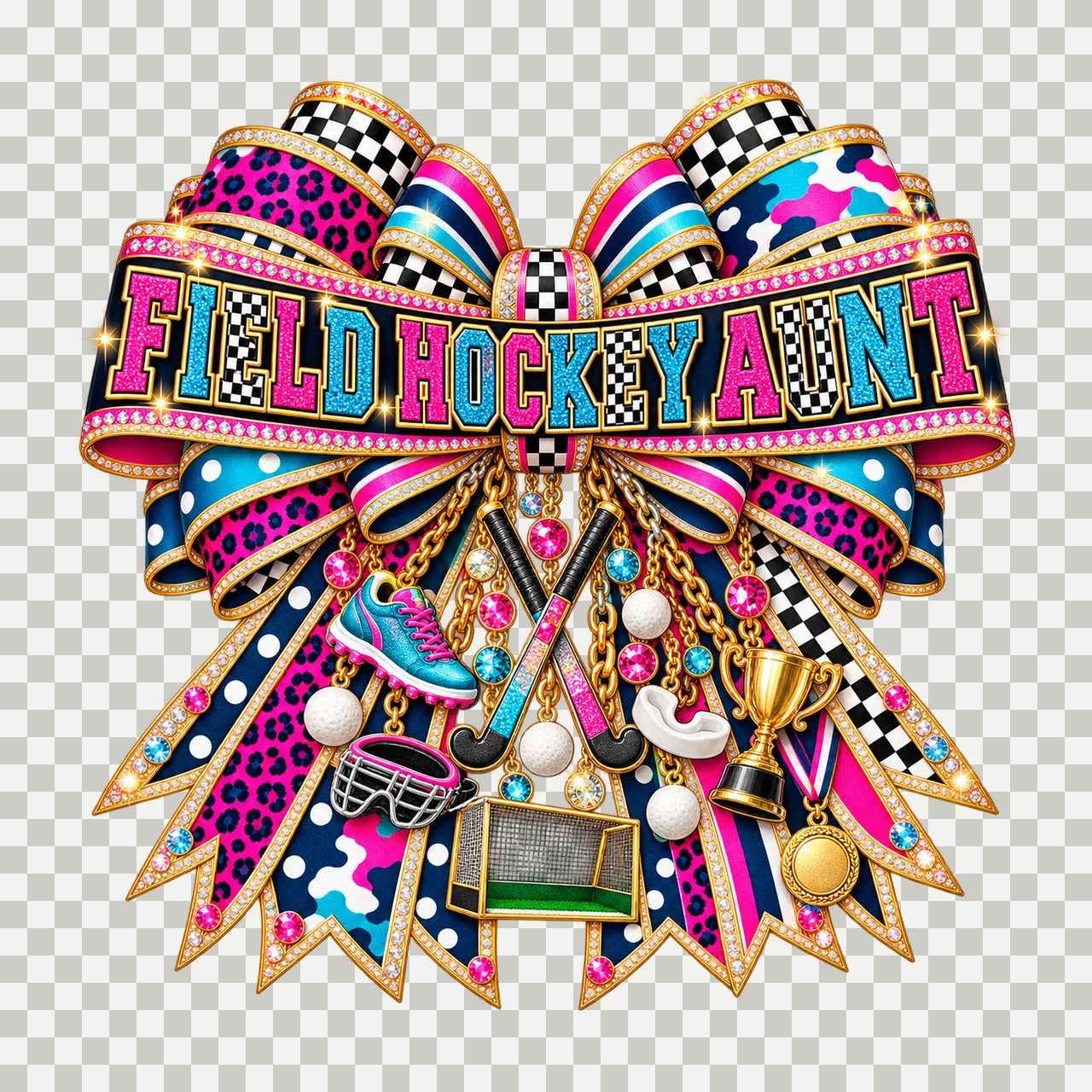 Field Hockey Aunt Bow Charm PNG, Patterned Varsity Aunt Ribbon Clipart, Transparent Sublimation Digital Download transparency and detail preview thumbnail