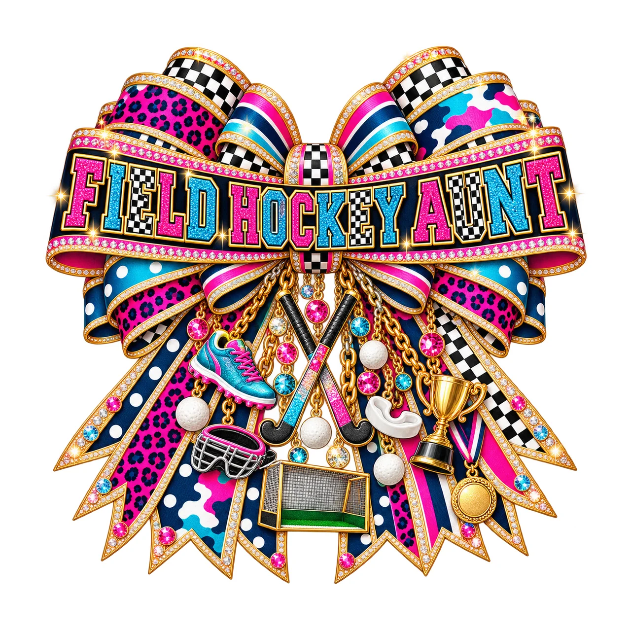 Field Hockey Aunt Bow Charm PNG, Patterned Varsity Aunt Ribbon Clipart, Transparent Sublimation Digital Download
