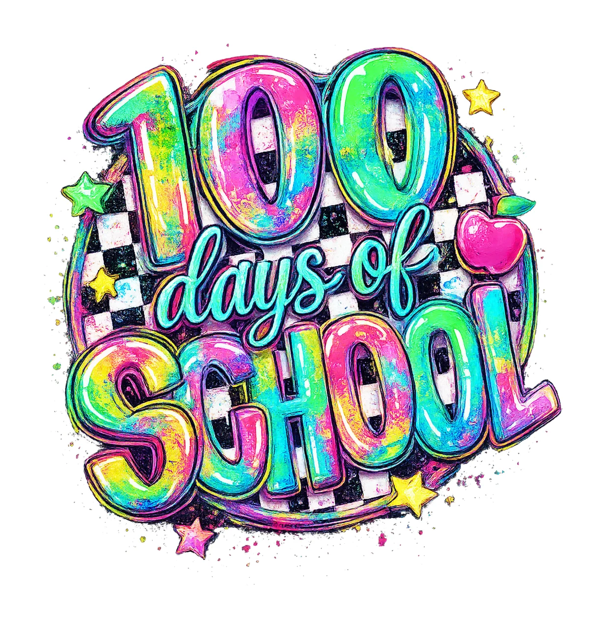100 Days Of School Retro Checkered Glitter Brushstroke