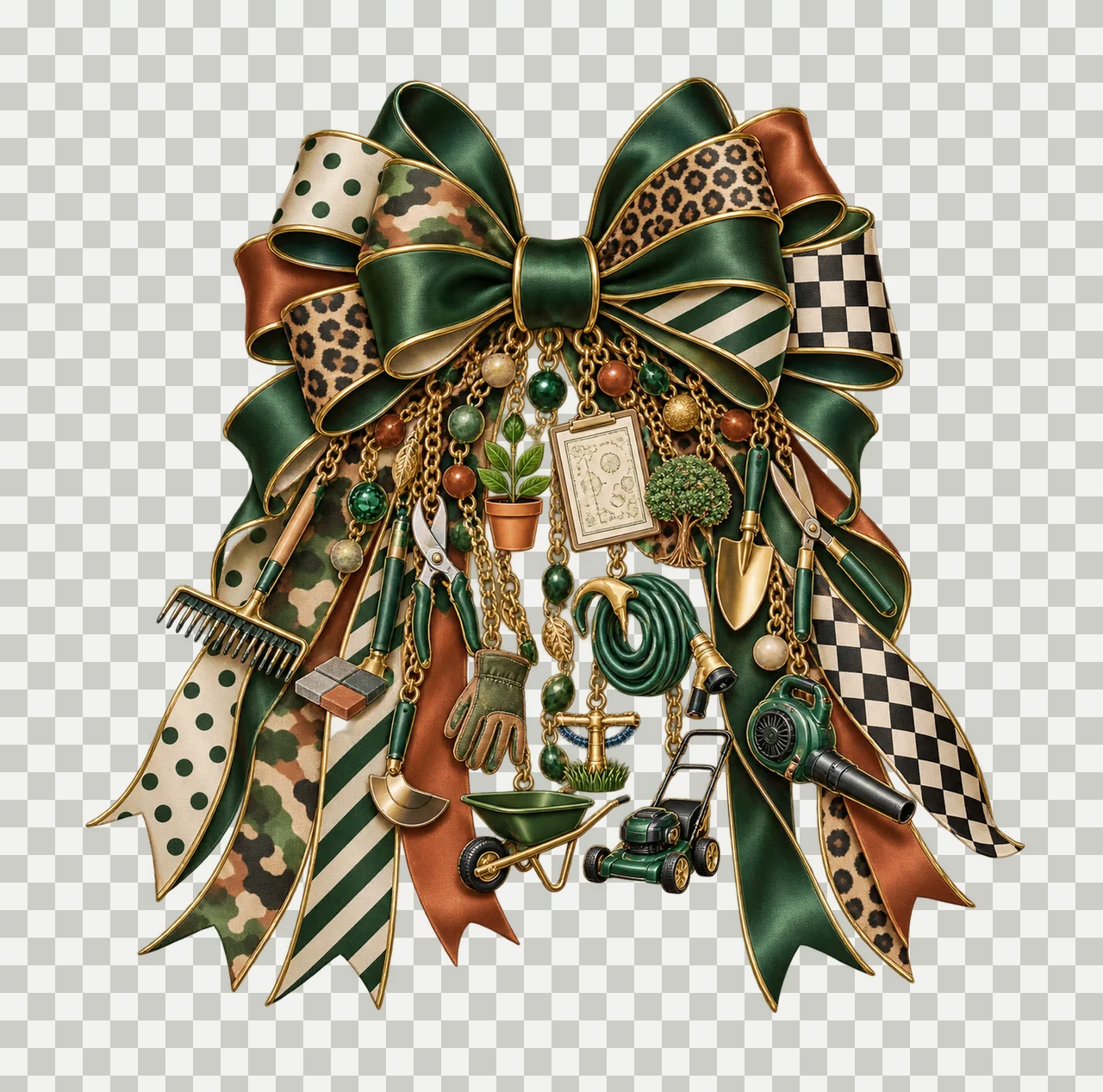 Landscaper Bow Charm PNG, Themed Gold Chain Charms, Coquette Ribbon Sublimation Design, Transparent Digital Download transparency and detail preview thumbnail