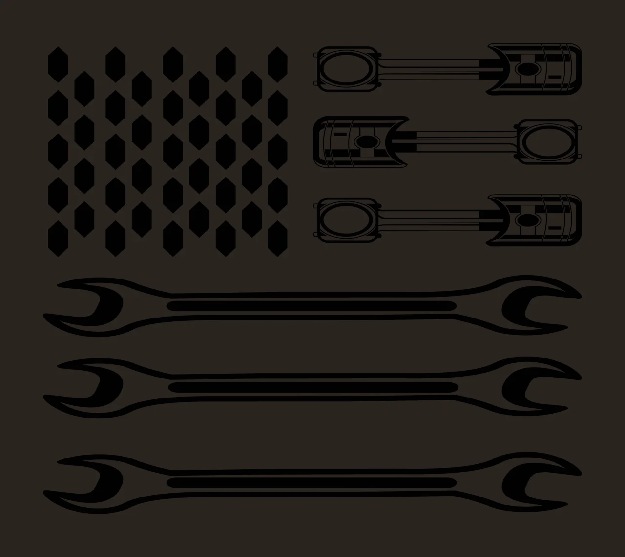 Mechanic American flag design with engine pistons, wrenches, hexagon grid canton and stripes in black and white contrast preview thumbnail
