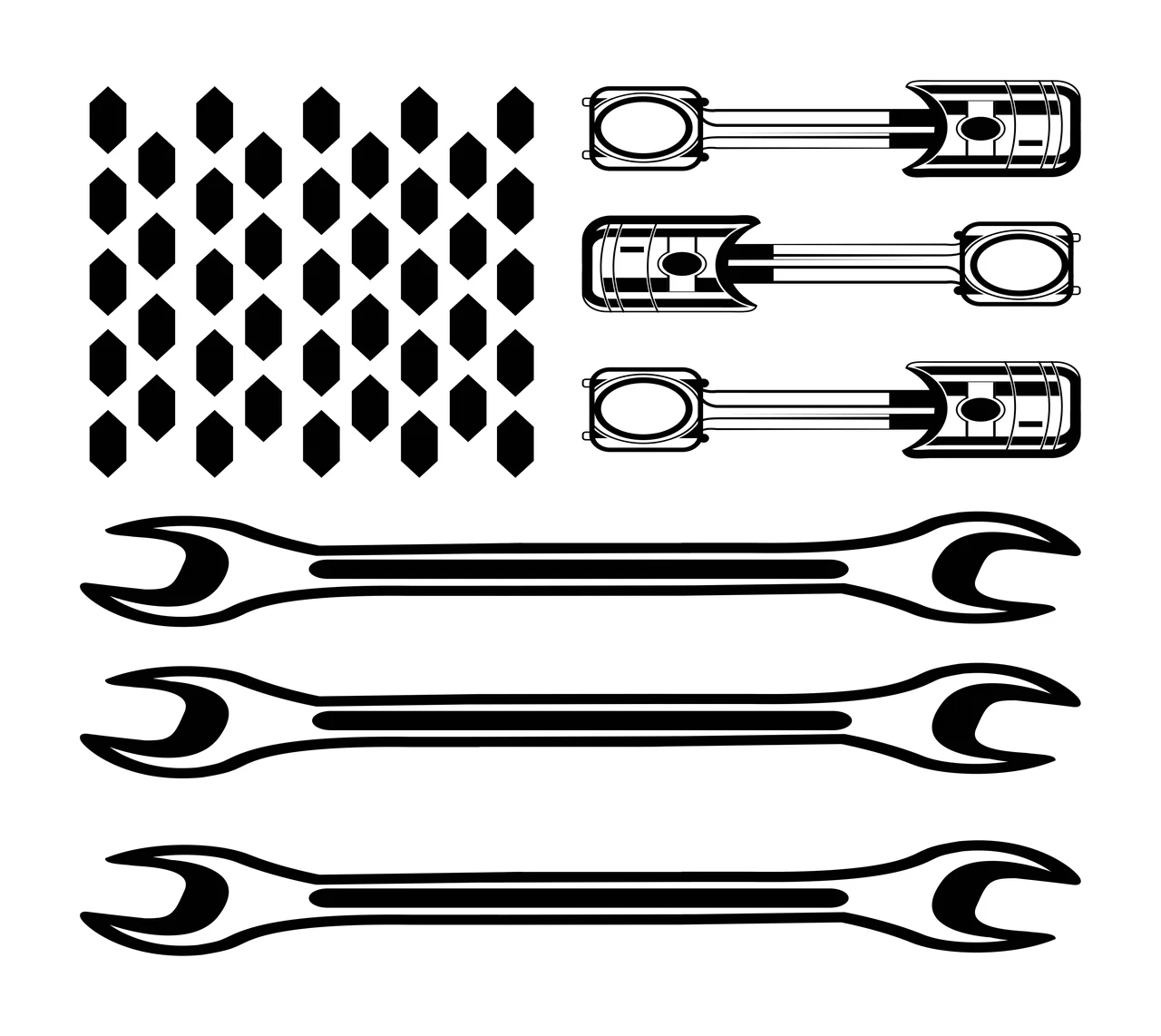 Mechanic American flag design with engine pistons, wrenches, hexagon grid canton and stripes in black and white