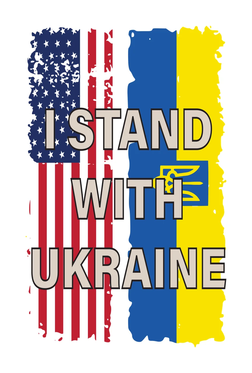 I STAND WITH UKRAINE Typography Design with American flag left panel, Ukrainian flag right panel, I STAND WITH UKRAINE text and Ukrainian trident emblem in blue, red and white
