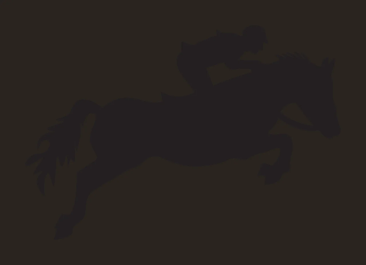 Silhouette of equestrian rider and horse in mid-air jump Illustration with black horse silhouette, flowing horse tail, horse mane and saddle contrast preview thumbnail