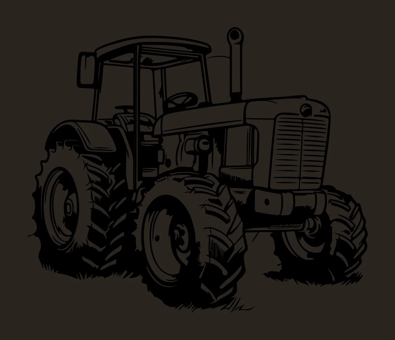 Black And White Farm Tractor standing tires exhaust pipe linework contrast preview thumbnail