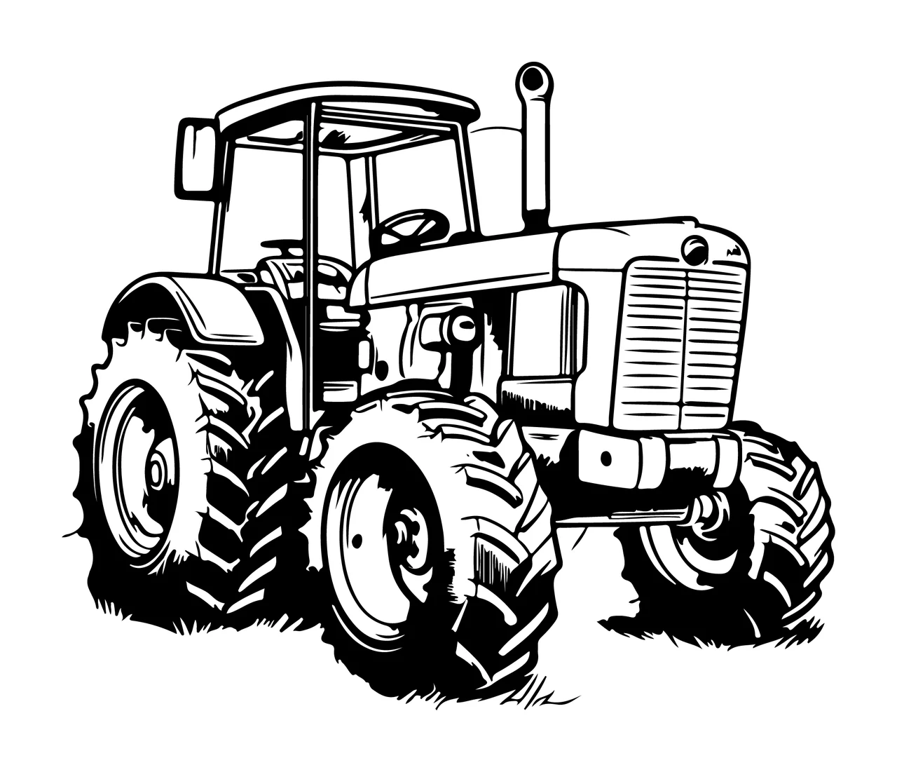 Black And White Farm Tractor standing tires exhaust pipe linework
