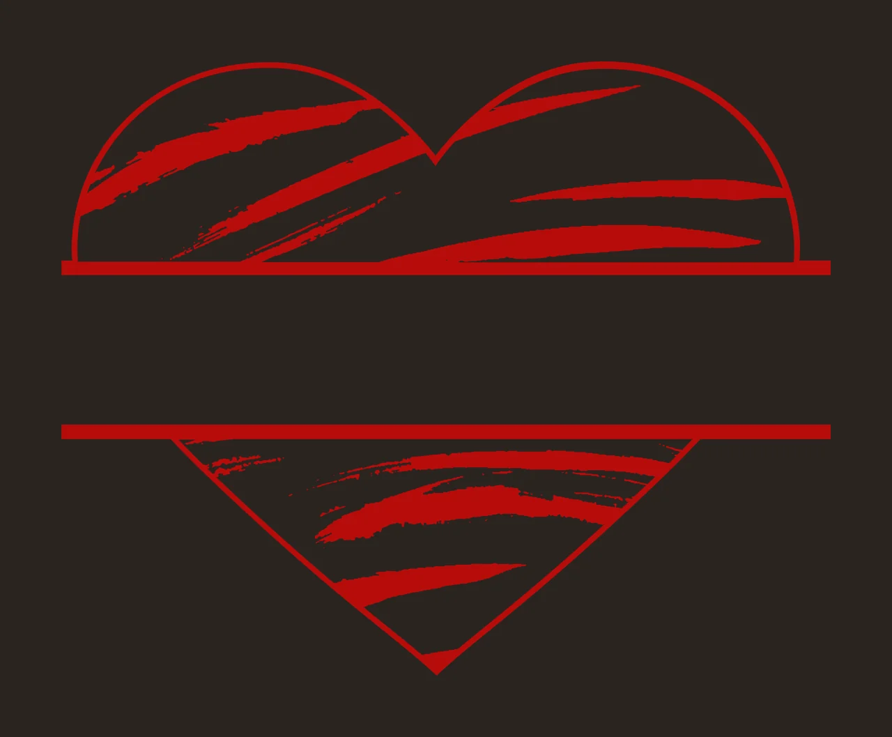 Split heart monogram frame with split heart shape, horizontal text space, brush stroke pattern and monoline frame in coral pink, red and white contrast preview thumbnail