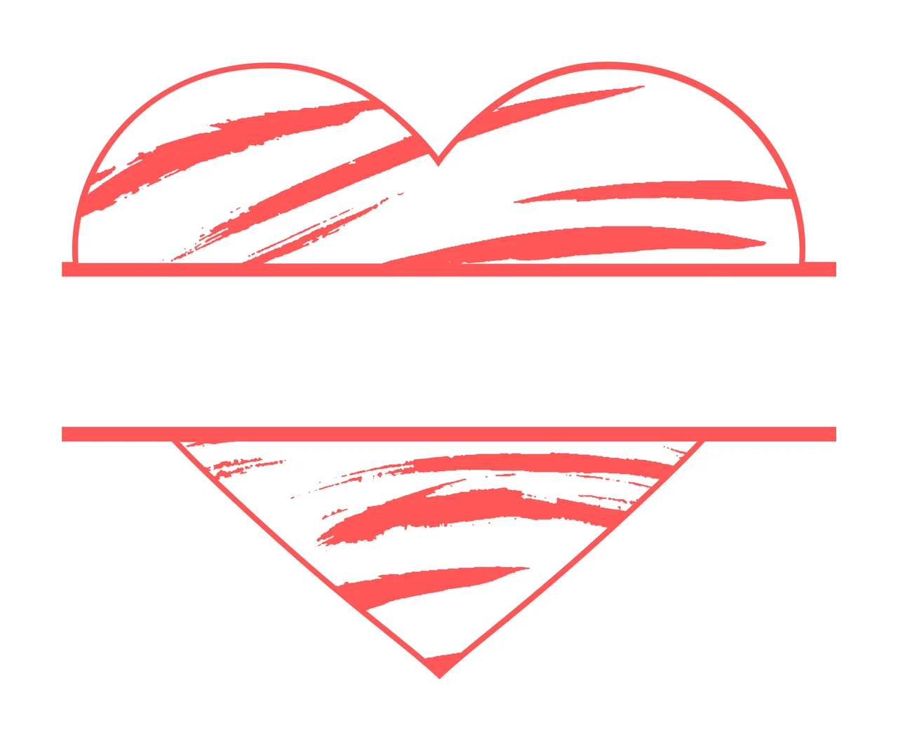Split heart monogram frame with split heart shape, horizontal text space, brush stroke pattern and monoline frame in coral pink, red and white