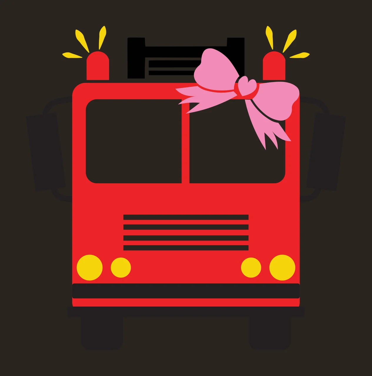 Fire truck Illustration with pink bow, emergency lights, windshield and side mirrors in red and yellow contrast preview thumbnail