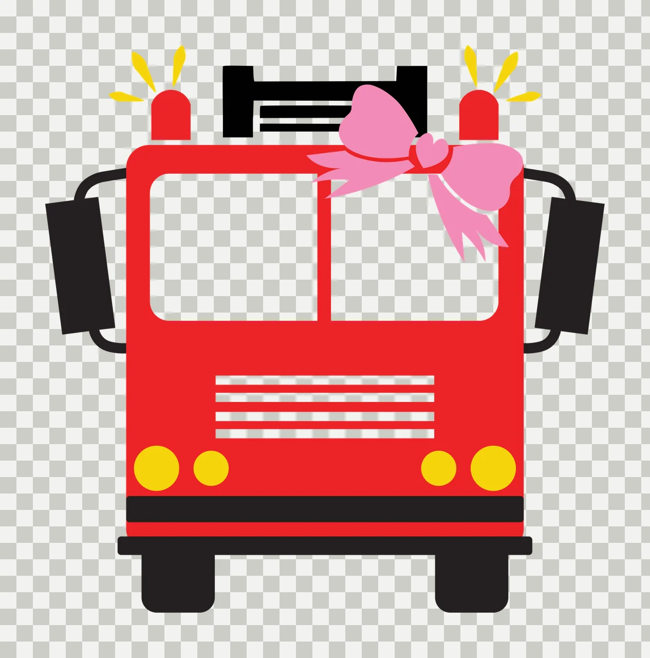 Fire truck Illustration with pink bow, emergency lights, windshield and side mirrors in red and yellow transparency and detail preview thumbnail