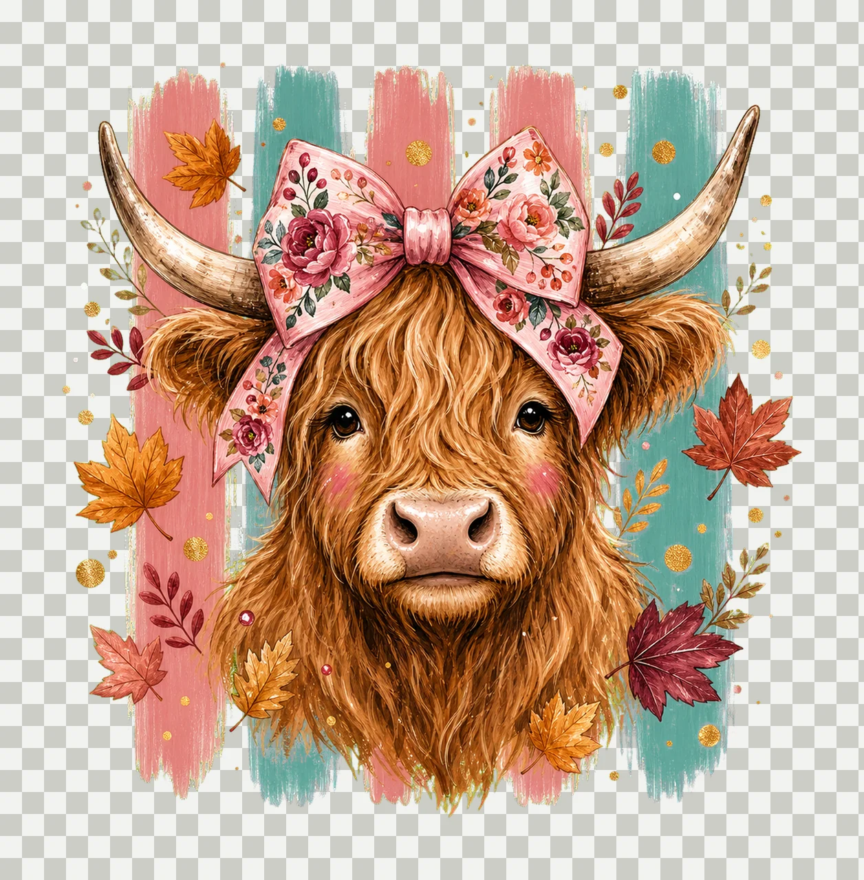 Highland Cow Fall Pink Bow Autumn Sublimation Variation B transparency and detail preview thumbnail