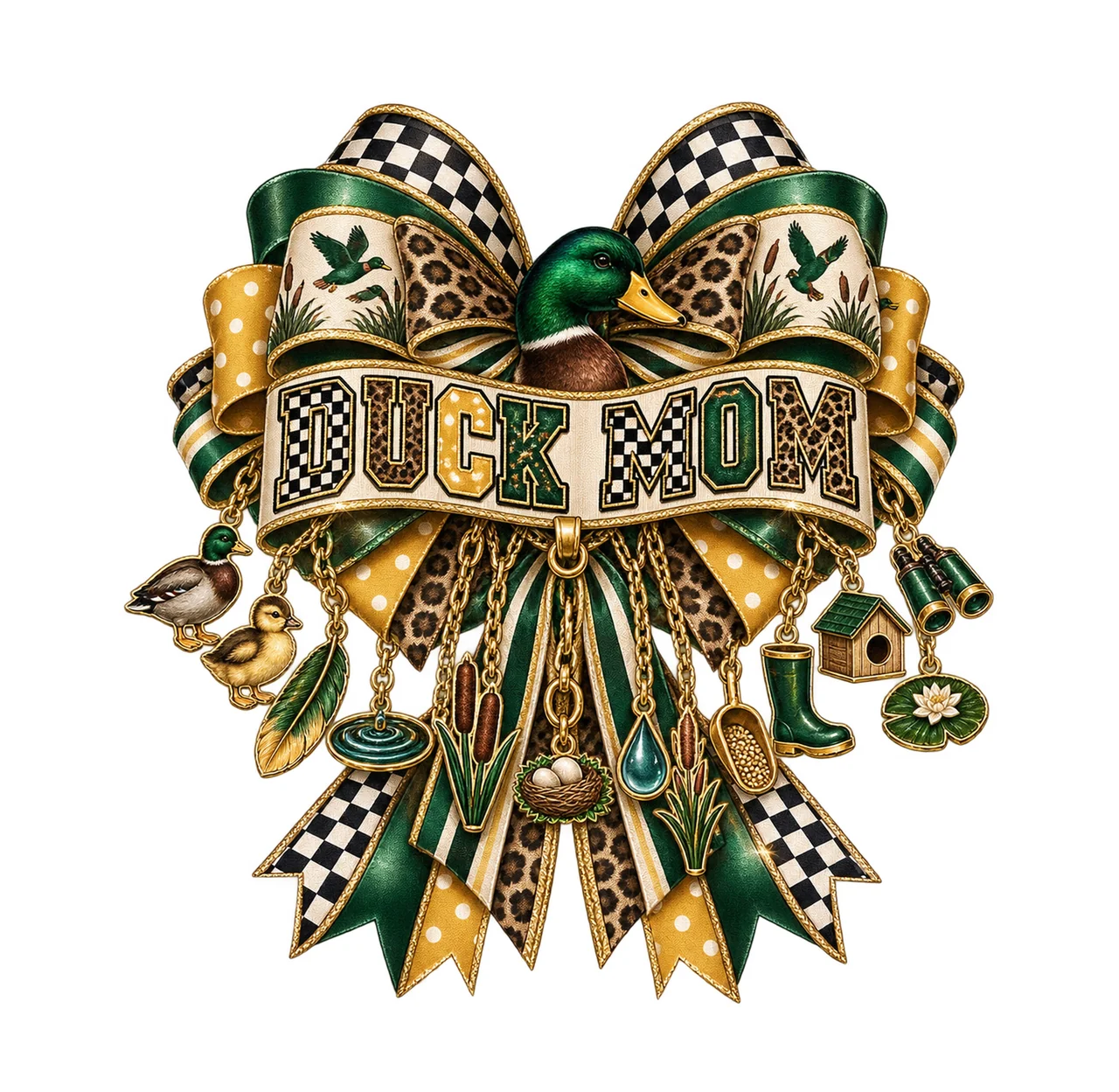 Duck Mom Bow Charm PNG, Patterned Varsity Mom Ribbon Clipart, Transparent Sublimation Digital Download