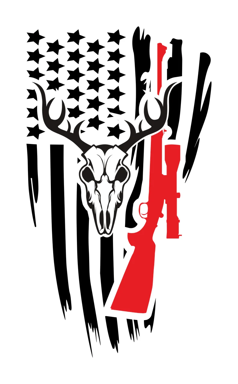 Skull Deer With Rifle And Flag antlers stars stripes distressed