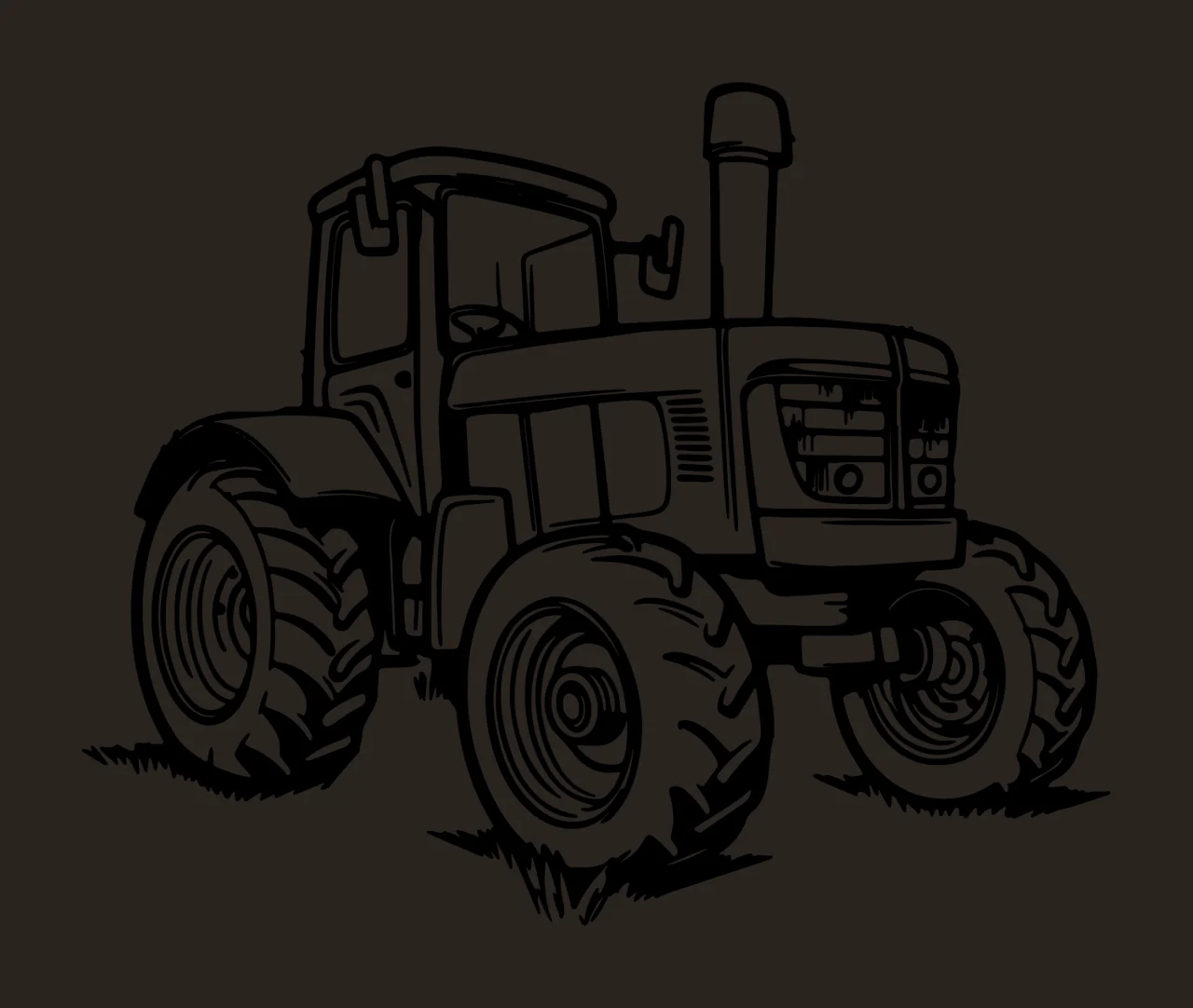 Black Tractor Line Drawing On White stationary wheels cab exhaust pipe contrast preview thumbnail