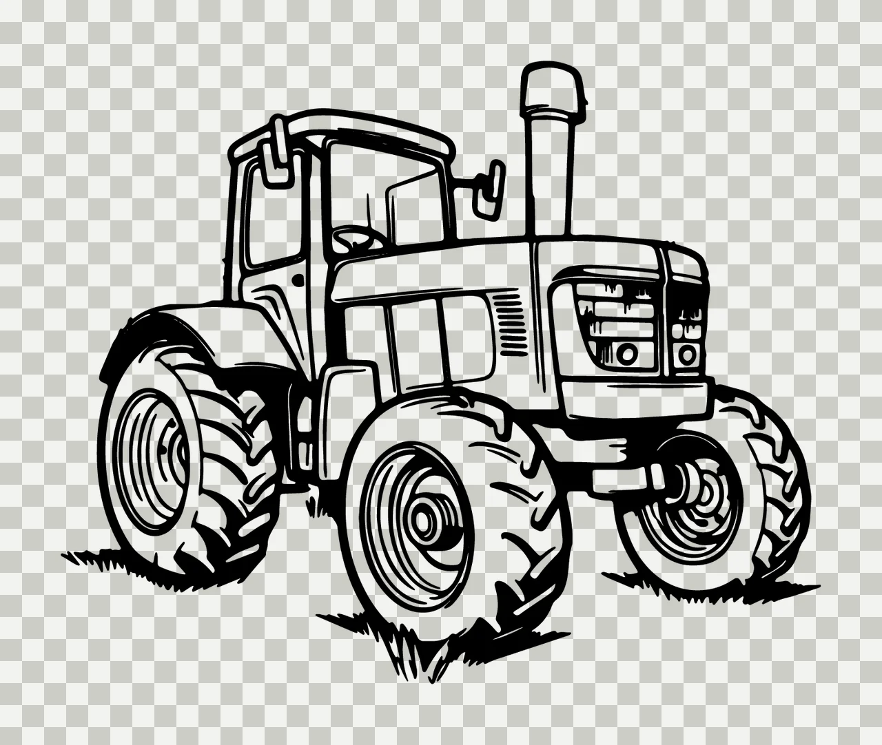 Black Tractor Line Drawing On White stationary wheels cab exhaust pipe transparency and detail preview thumbnail